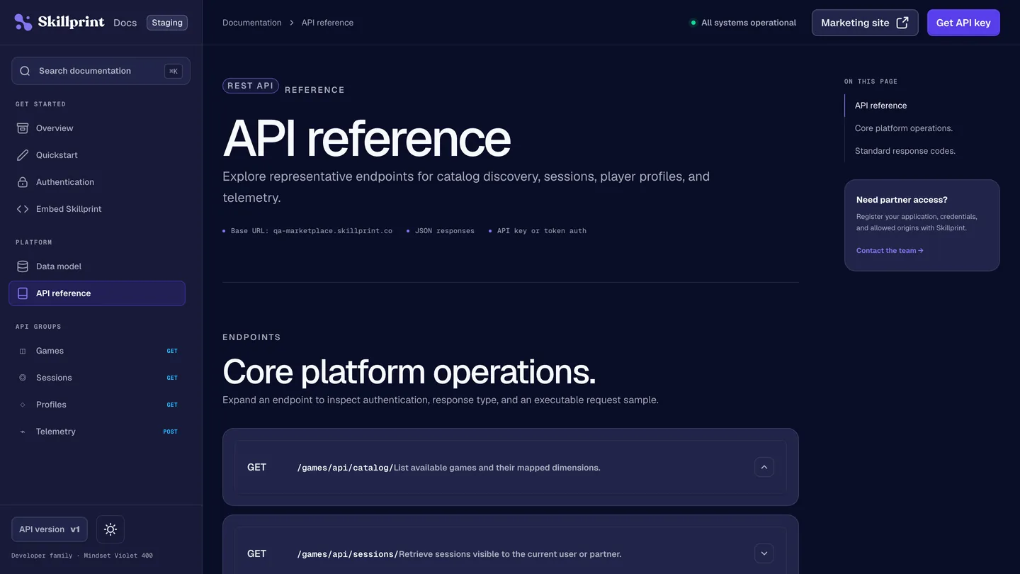 The API reference in the developer documentation, listing the catalog and sessions endpoints with their authentication and response types