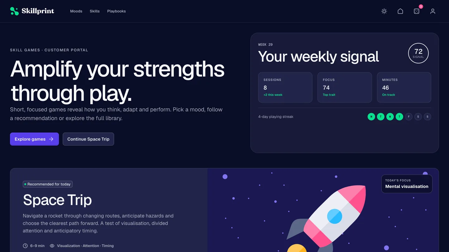 The Skillprint player experience: a weekly strengths score, a playing streak and the game recommended for today